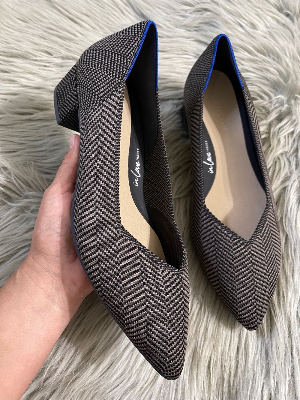 Rothy's Pointed Toe Flats in Brown Herringbone with Blue Trim - Picture 4 of 6